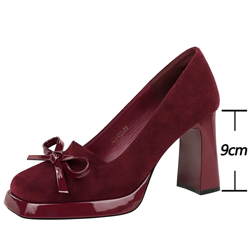 BIGTREE Shoes Chunky Block Heels Women Pumps Bow Decoration High Heels Square Headed Platform High Heels Suede Ladies Shoes 2026