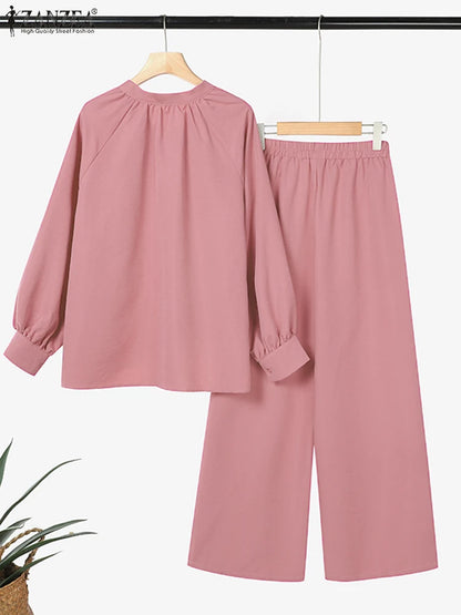 ZANZEA Spring Autumn 2PCS Outfits Women Solid Matching Sets Elegant Long Sleeve Blouse Pant Sets Casual Work OL Tracksuits 2025