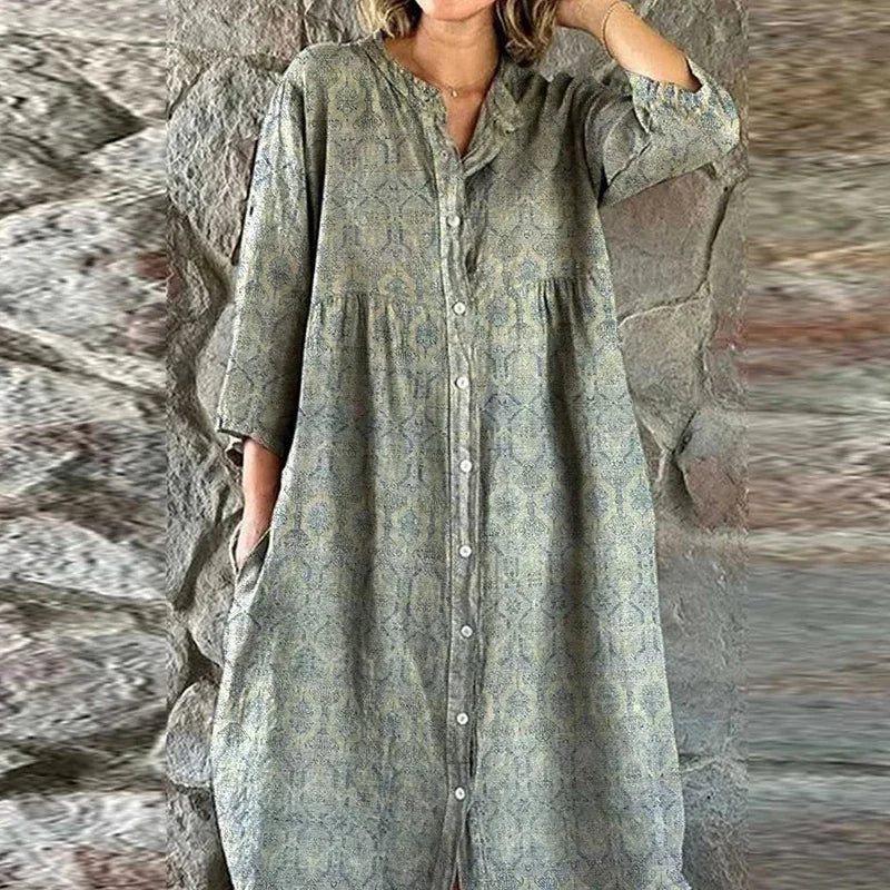 Bohemian Loose Single Breasted Dress Women's Casual O-neck Pocket Commuting Dress Spring Summer Floral Print Long Sleeved Dress