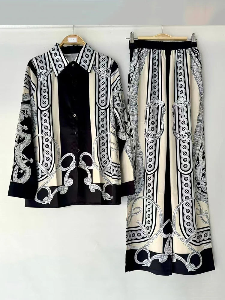 Retro geometric print lapel straight leg shirt two-piece set for 2026 spring women's clothing+loose wide leg pants fashion set