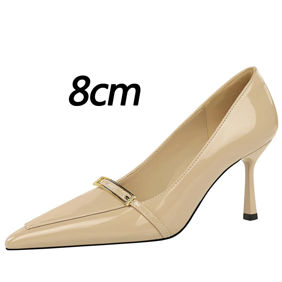 BIGTREE Shoes Patent Leather Women Pumps Sexy Metal Buckle High Heels Stiletto  8 Cm Occupation Office Shoes Banquet Shoes 2026