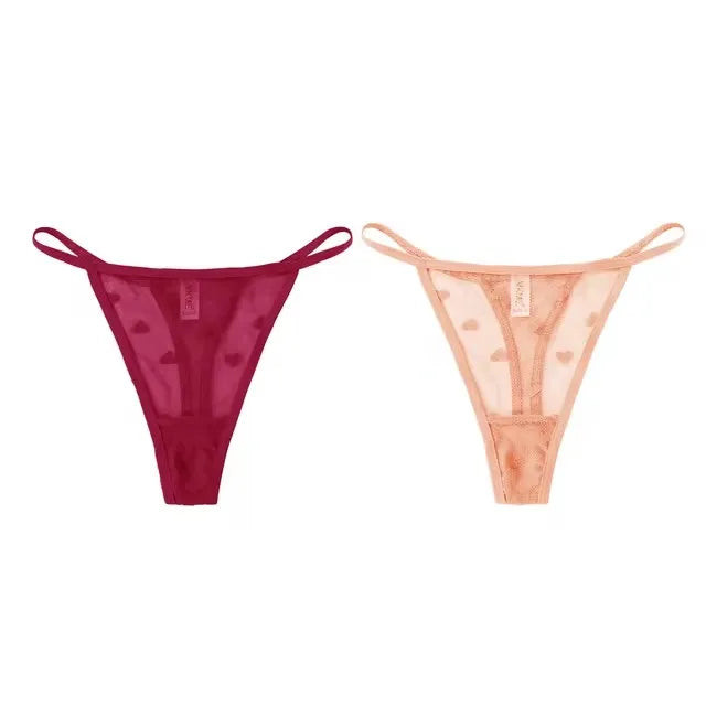2Pcs Heart See Through Mesh G-String T-Pants Underpants Sexy Lace Sheer Underwear Women's Low Waist  Lingerie Thong Panties