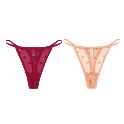 2Pcs Heart See Through Mesh G-String T-Pants Underpants Sexy Lace Sheer Underwear Women's Low Waist  Lingerie Thong Panties
