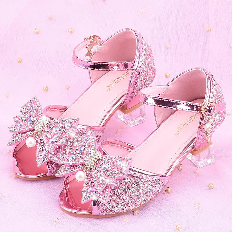 Children Princess Sandals Kids Girls Wedding Shoes High Heels Dress Shoes Bowtie Purple Pink Blue Silver Shoes For Girls