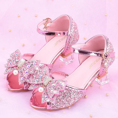 Children Princess Sandals Kids Girls Wedding Shoes High Heels Dress Shoes Bowtie Purple Pink Blue Silver Shoes For Girls
