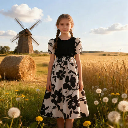 New Children Black Floral Dress Summer Short Sleeve Casual Vacation Kids Girl Dresses Cute Fashion Teen Dress 7 8 9 10 11 12 Yrs