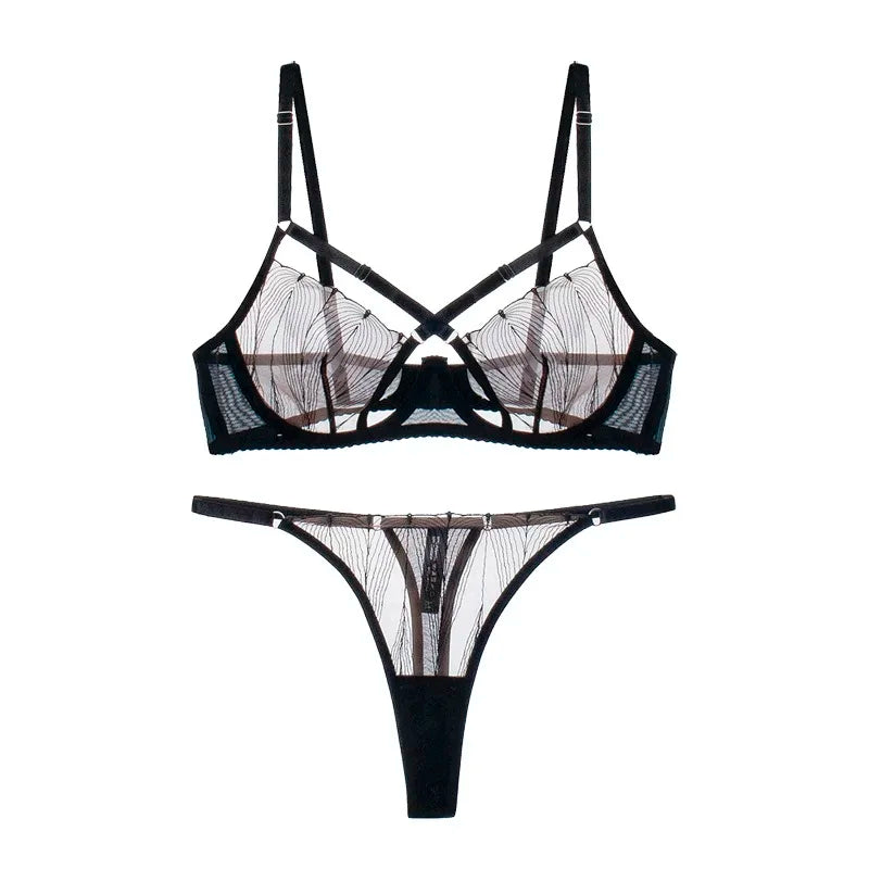 Cross Mesh Eyelash Lingerie Women Lace Steel Bra Hollow Out Underwear Set Deep V Push Up Bras underpant set