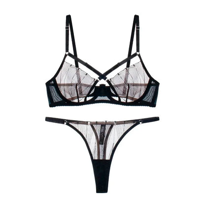 Cross Mesh Eyelash Lingerie Women Lace Steel Bra Hollow Out Underwear Set Deep V Push Up Bras underpant set