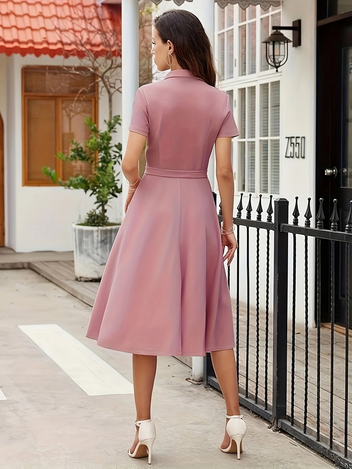 Women Summer Casual Short Sleeve Shirt Dress Pink Vintage Button Down Midi Dress with Belt Tie A Line Flare Dress Office Work