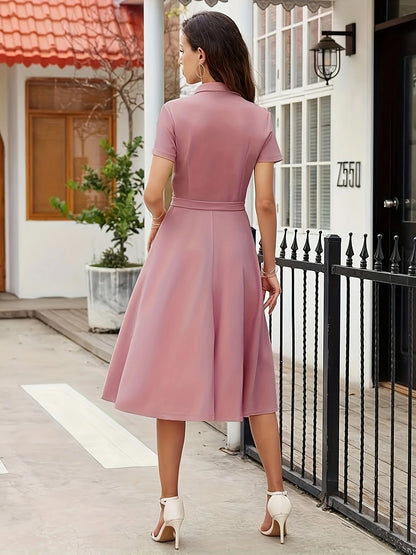 Women Summer Casual Short Sleeve Shirt Dress Pink Vintage Button Down Midi Dress with Belt Tie A Line Flare Dress Office Work