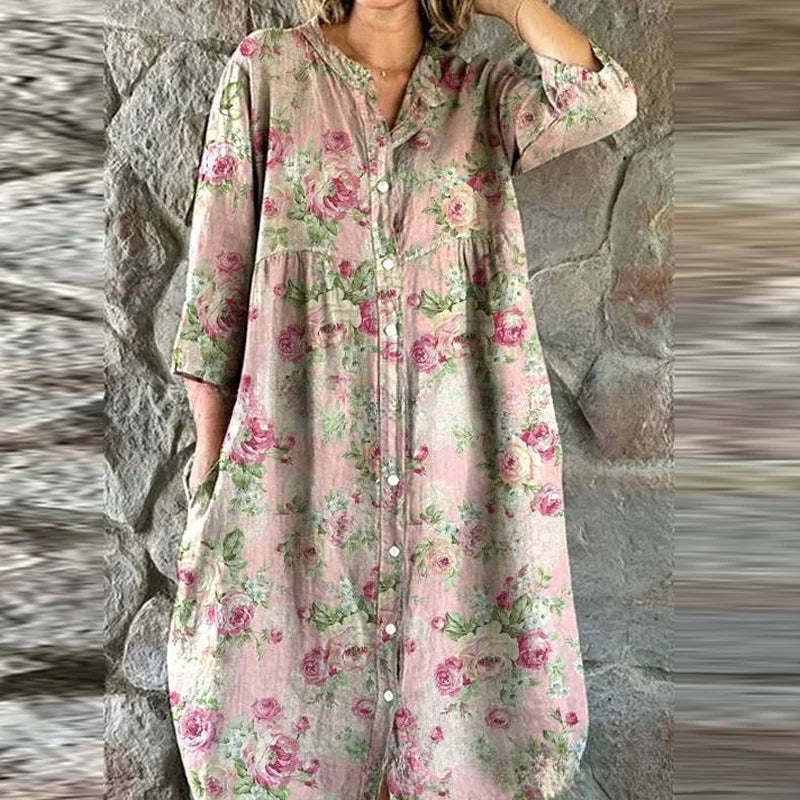 Bohemian Loose Single Breasted Dress Women's Casual O-neck Pocket Commuting Dress Spring Summer Floral Print Long Sleeved Dress