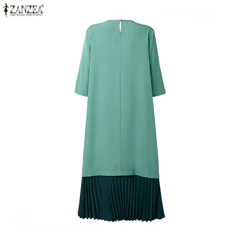 Women Patchwork Muslim Abaya Dress ZANZEA Summer Maxi Long Dress Ramadan Robe Fashion O Neck Long Sleeve Pleated Sundress Kaftan