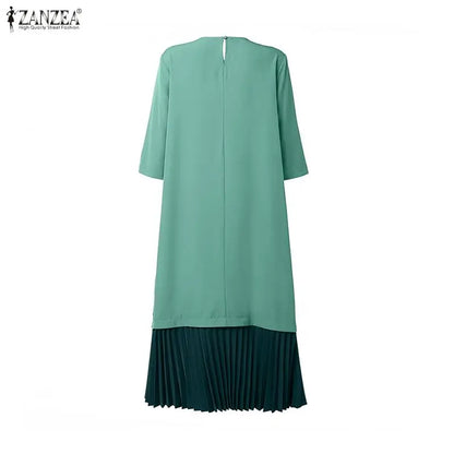 Women Patchwork Muslim Abaya Dress ZANZEA Summer Maxi Long Dress Ramadan Robe Fashion O Neck Long Sleeve Pleated Sundress Kaftan