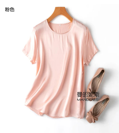 ZVAQS 100% Mulberry Silk T Shirts Woman Elegant Satin T Shirt 27 Colors High Quality Silk Summer Tops 2025 Women Clothing Топ