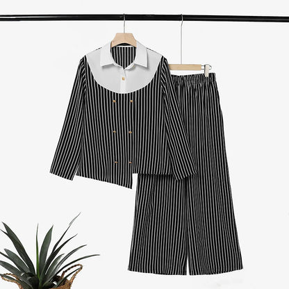 ZANZEA Women's Striped 2-Piece Sets Color-Blocked Long Sleeve Blouse & Wide Leg Pant Matching Sets Autumn Elegant Chic Co-ords