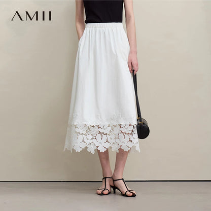 Amii Women's Skirt 2026 Summer New Elastic Waist Cutout Lace Hem Midi Casual Loose Fit Floral Trim Skirt For Women 12622106