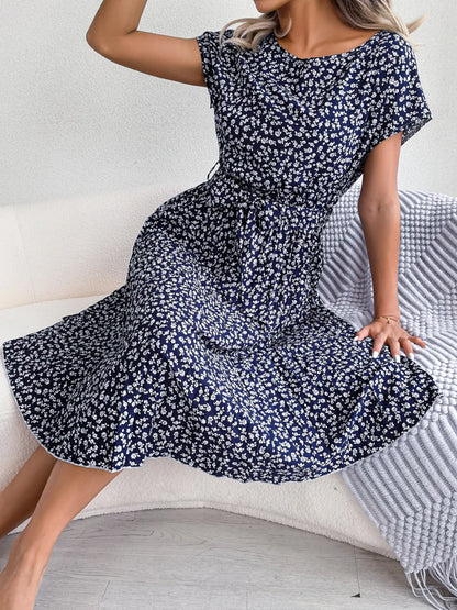 Ficusrong Fashion Floral Pleated A Line Long Dress Women Spring Summer Short Sleeve High Waist Chic Dress