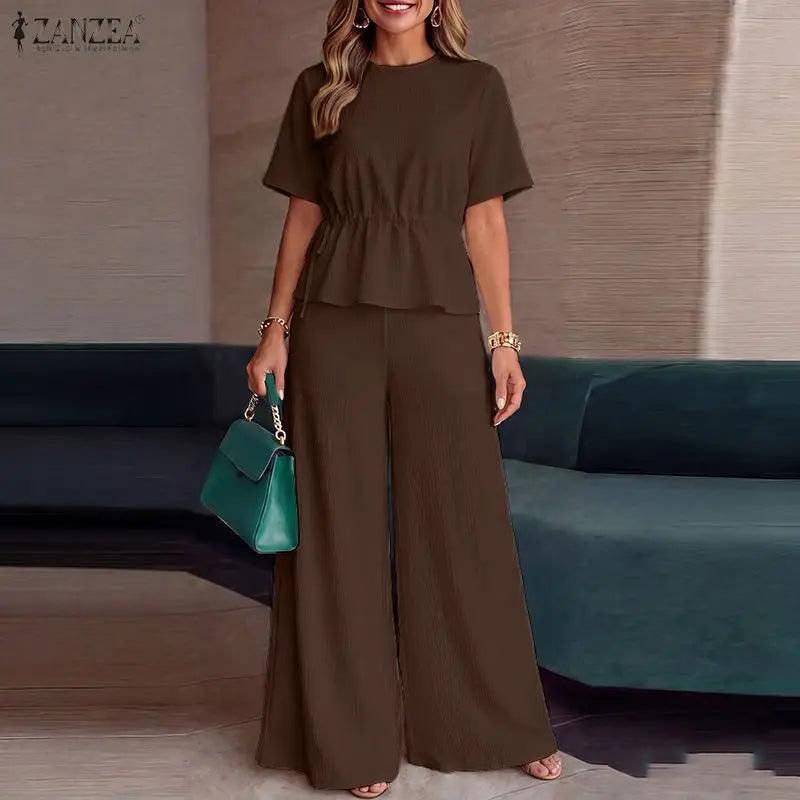 ZANZEA Fashion Women 2 Pieces Sets Summer Office Outfits Casual O Neck Short Sleeve Drawstring Blouse Pants Sets Solid Tracksuit