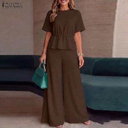 ZANZEA Fashion Women 2 Pieces Sets Summer Office Outfits Casual O Neck Short Sleeve Drawstring Blouse Pants Sets Solid Tracksuit