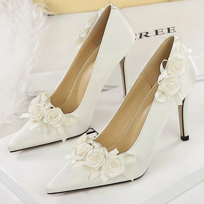 BIGTREE Shoes Lace Flower Women Pumps Silks Satins High Heels Stilettos 10 CM Fashion Wedding Shoes Female Pumps Party Shoes