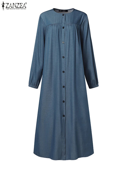 ZANZEA Ramadan Hijab Dresses Muslim Abaya Robe Femme Casual Long Sleeve Kaftan IsIamic Vestidos Women Denim Blue Maxi Dress 2025