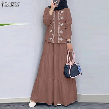 ZANZEA Women Muslim Two Piece Set Vintage Floral Embroidered Long Sleeve Button Blouse Tiered Maxi Skirt Modest Islamic Clothing
