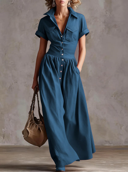 Women's Western Solid Color Woven Button-Down Collar Short Sleeve Long Dress