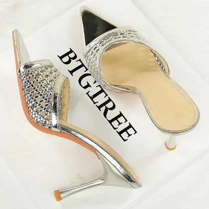 BIGTREE Shoes Weaving Design High-Heeled Sandals Women Shoes Summer Women Pumps Pointed Open-Toe Stiletto 9 CM Heeled Slippers
