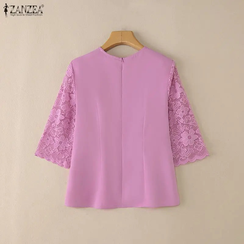 ZANZEA Women's Lace Patchwork Blouses 2026 Summer O-Neck 3/4 Sleeve Solid Color Blusas Casual and Day Elegant Woman Clothes 3XL