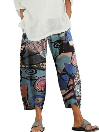 Vintage Cotton and Linen Loose Harem Pants Casual High Waist Wide Leg Trousers Women Harajuku Printed Baggy Pants Oversized