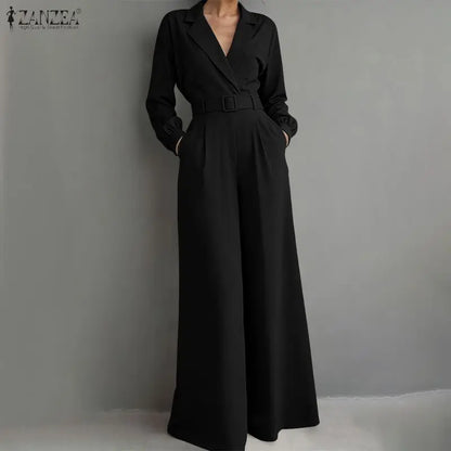 ZANZEA Women's Minimalist Jumpsuits Summer Lapel Neck Long Sleeve Belted Wide Leg Pant Overalls Elegant Office Work Playsuits