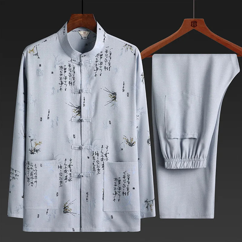 Men's Red Two-piece Summer Set: A Short Jacquard Shirt in Chinese Style Paired with Elastic-waist Pants. White, Gray, Beige-Blue
