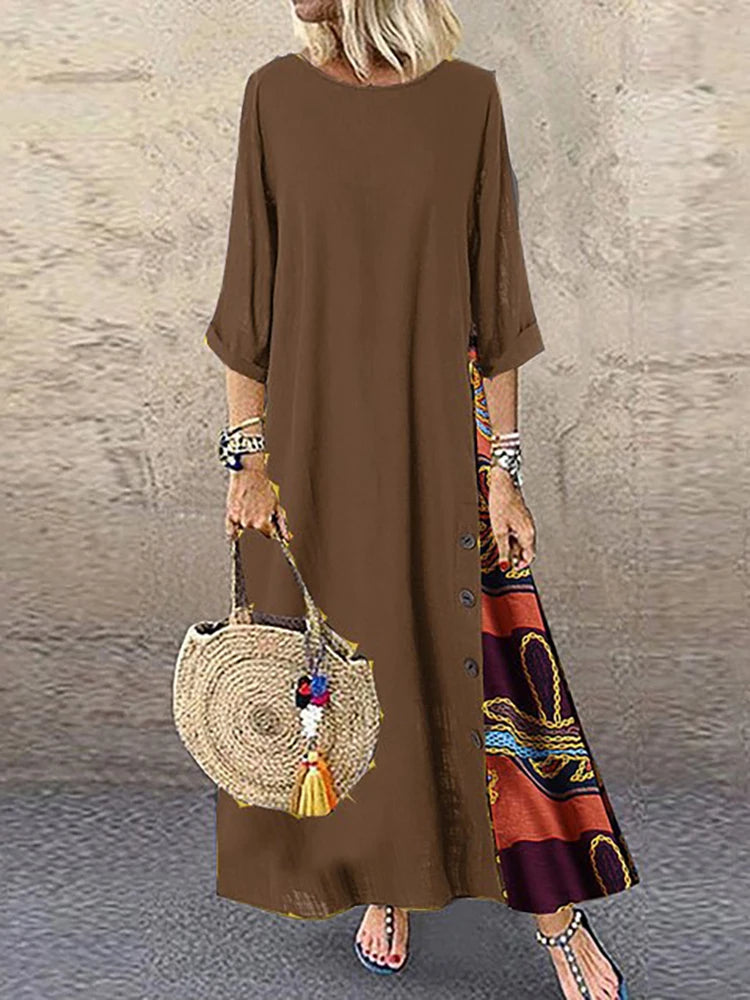 Women Vintage Harajuku Long Dress Bohemian Stitching Print 3/4 Sleeve O Neck Loose Oversized Maxi Dress Casual Elegant Robe