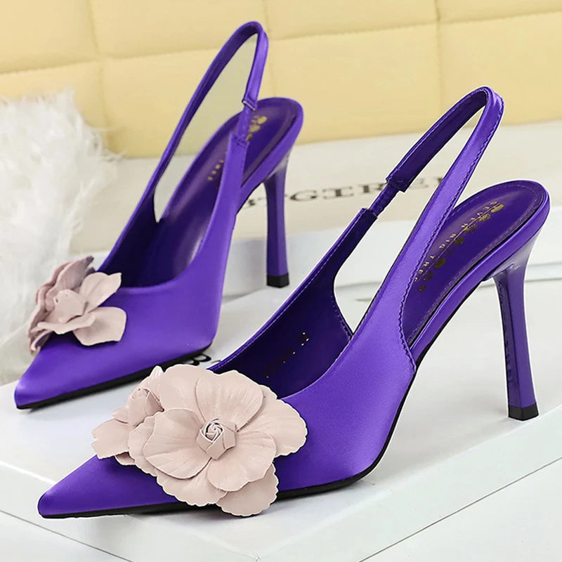 BIGTREE Shoes Color Blocked Flowers Women Pumps Silks Satins High Heels Hollow Out Hook Strap High Heeled Sandals Stiletto Heels