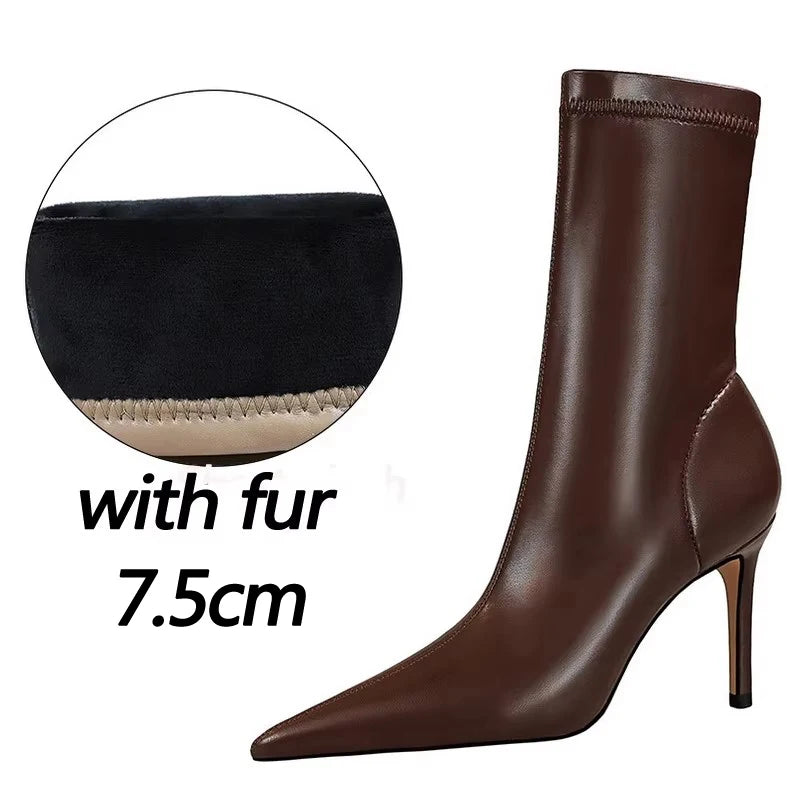 BIGTREE Shoes 2026 New Women Mid-Calf Boots Pointed Toe High-heel Boots Stiletto Heels Leather Boots Fashion Autumn Winter Boots
