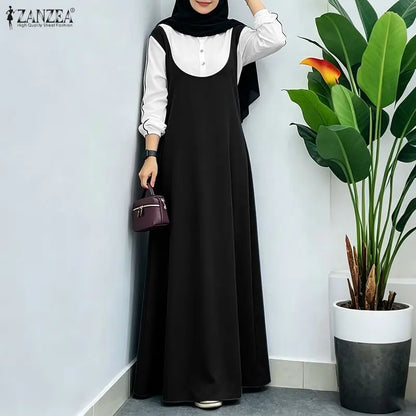Women Patchwork Muslim Abaya Dress ZANZEA Ramadan Robe Stylish O Neck Long Sleeve Loose Sundress Casual Kaftan IsIamic Clothing