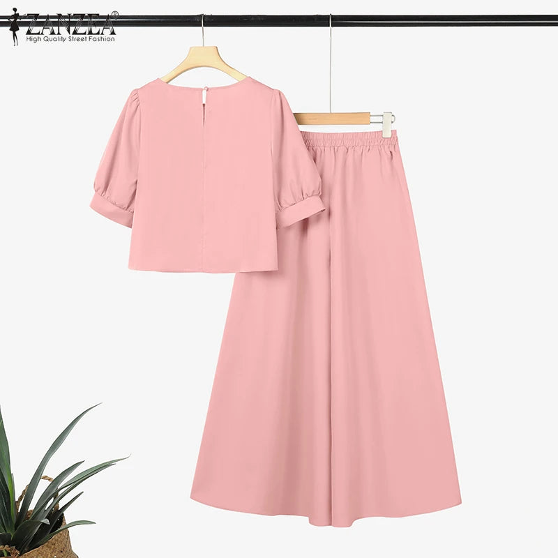 2026 ZANZEA Elegant Women Short Puff Sleeve Cropped Blouse Wide Leg Pant Sets Fashion Summer 2 Piece Sets Solid OL Work Outfits