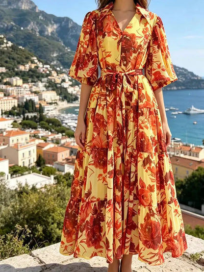 2026 Summer women's new lapel bubble short sleeve printing waist lace-up dress temperament French elegant swing holiday dress.