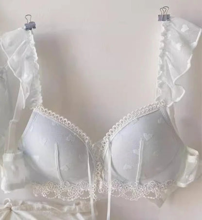 Japanese Kawaii Lingerie Set Small Chest, Sweet Heart Print Wireless Bralette & Panty Set Comfortable Anti-Sagging Bra for Women