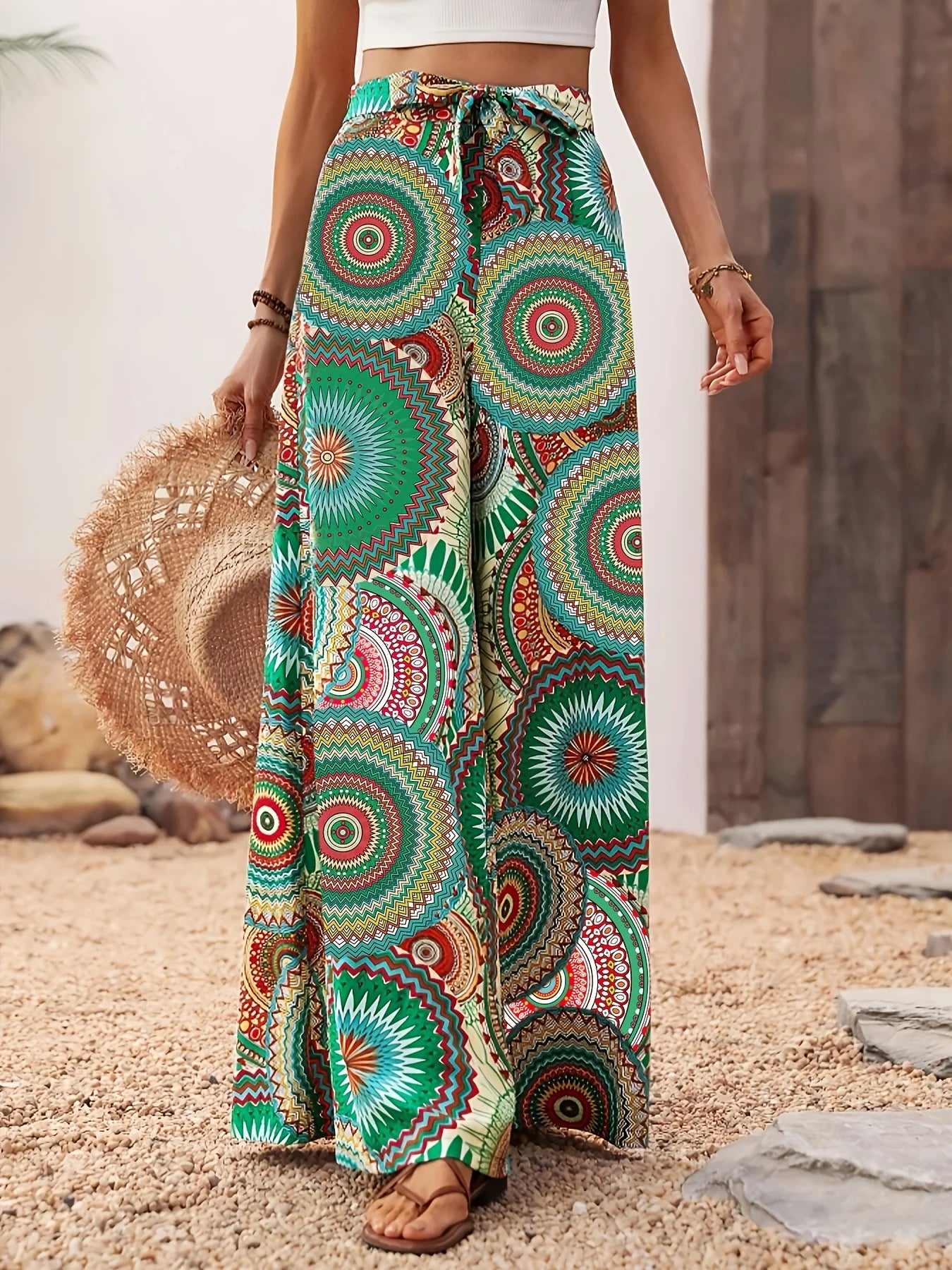 Women's Bohemian Style Printed Wide Leg Pants Casual Vacation Comfortable Elastic Waist Long Strapped Trousers