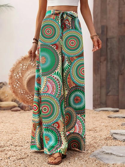 Women's Bohemian Style Printed Wide Leg Pants Casual Vacation Comfortable Elastic Waist Long Strapped Trousers