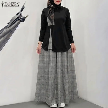 ZANZEA Women Plaid Patchwok Outfits Muslim 2 Pieces Sets Casual O Neck Long Sleeve Blouse A Line Maxi Skirt Suit Matching Sets