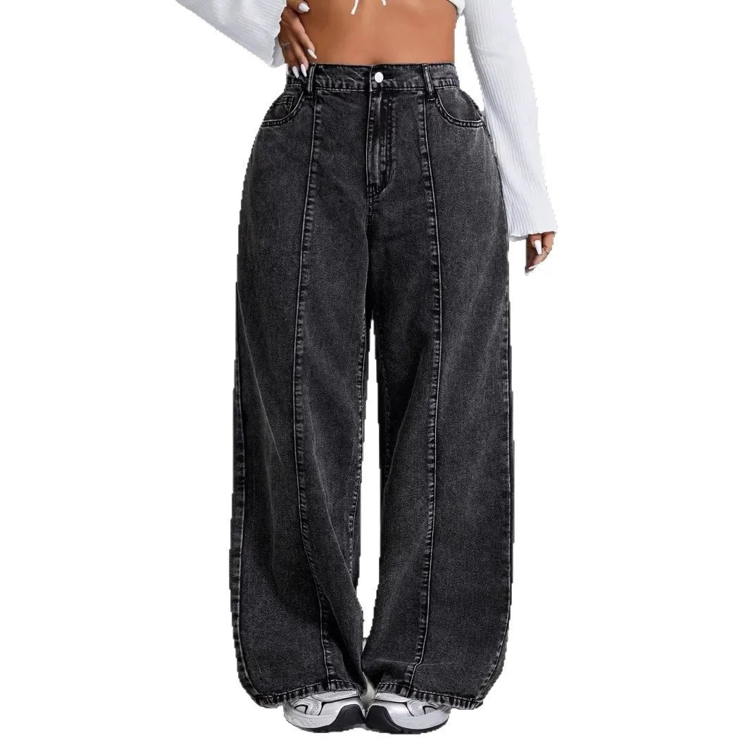 Women Plus Size Jeans High Waist Wide Leg Denim Pants Cotton Distressed Denim Jeans Oversized Black Wash Full Length Jeans Pants