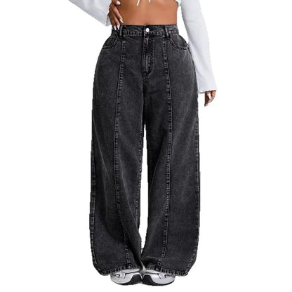 Women Plus Size Jeans High Waist Wide Leg Denim Pants Cotton Distressed Denim Jeans Oversized Black Wash Full Length Jeans Pants
