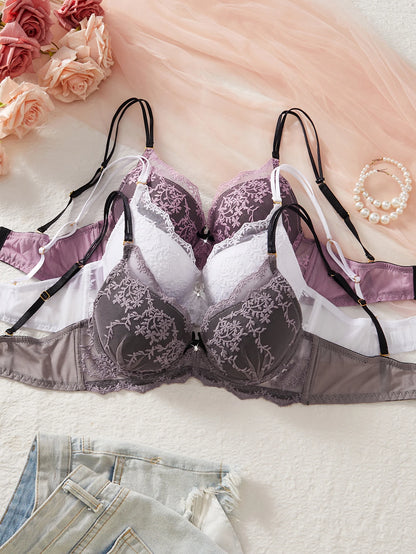 3PCS Sexy Floral Lace Women's Underwear Set Bow Push up Bra Supportive and Comfortable Unpadded Female Lace Bra