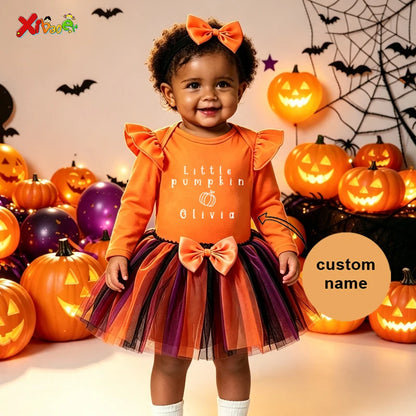 Halloween Outfit One Little Pumpkin Name My First Halloween Baby Girl 1st Ruffle Long Sleeve Romper Tutu Skirt Set Party Costume