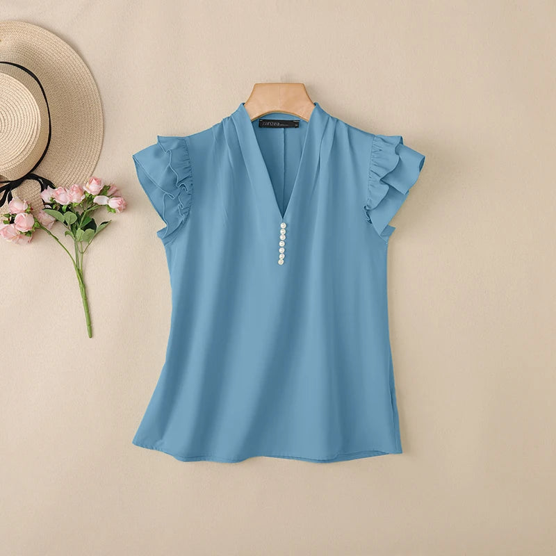ZANZEA Women Sophisticated Elegant Flying Sleeves Blouses V-Neck Pearls Detail Solid Color Tops Summer Pleated Blusas de Mujer