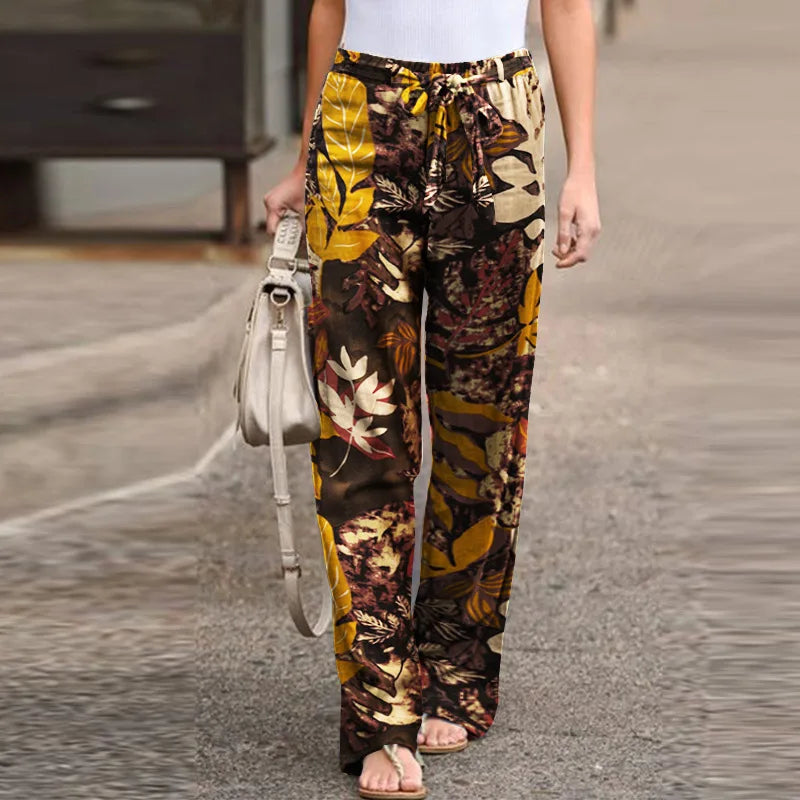 Casual Flower Print Cotton Linen Straight Leg Pants Women Fashion Lace Up Elastic Waist Home Trousers Female Plus Size Pants