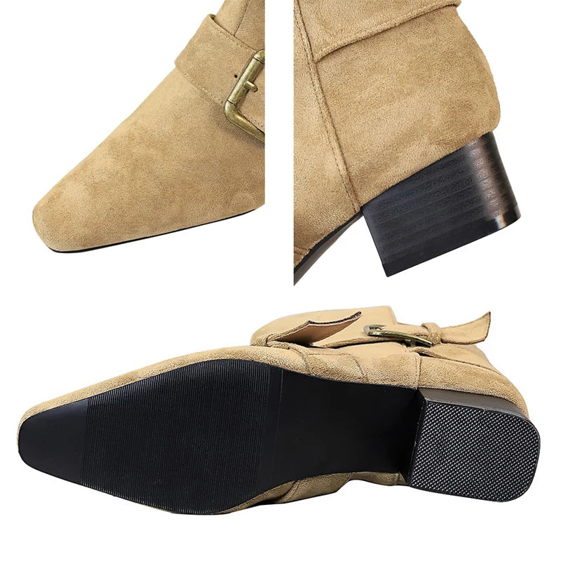 BIGTREE Shoes 2026 New Women Western Boot Retro Mid-Calf Boots Square Head Belt Buckle Women Boots Suede Thick Heel Autumn Boots