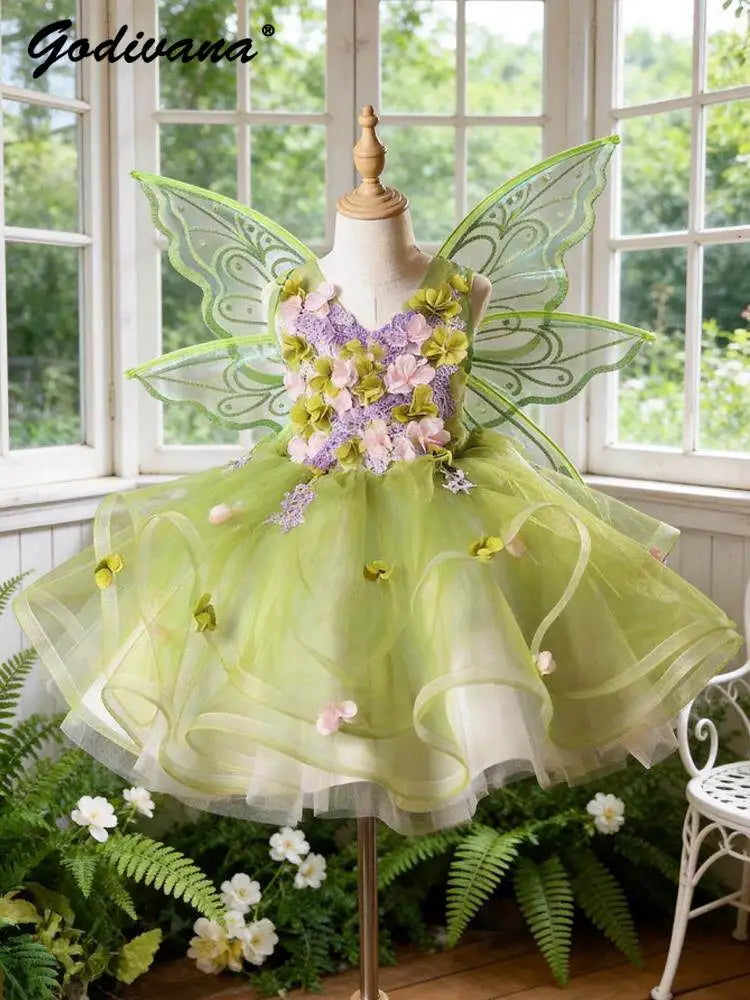 Sweet Baby Girls Butterfly Wing Princess Lolit Dress New Summer 2026 Kids Luxury Pastorale Floral Tulle Sleeveless Ball Gown